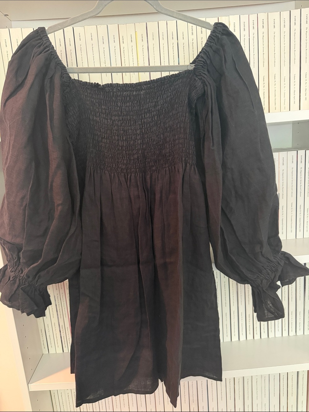 Sleeper Black Smocked Off-Shoulder Linen Dress